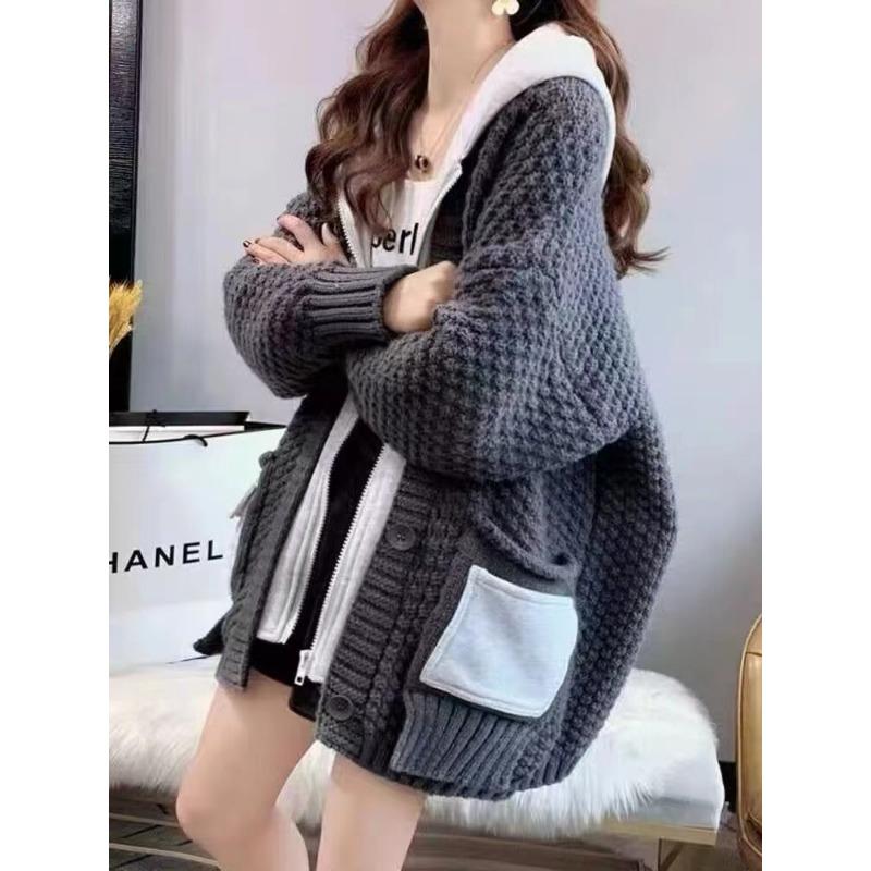 Sweater Jacket Women's Autumn New Loose Fake Two Lazy Wind Hooded Thickened Knitted Cardigan Top