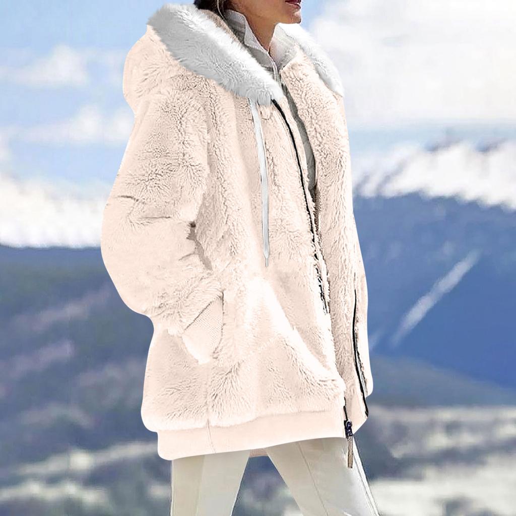 Women's Fashionable Plush Zipper Pocket Hooded Long Sleeved Loose Warm Jacket