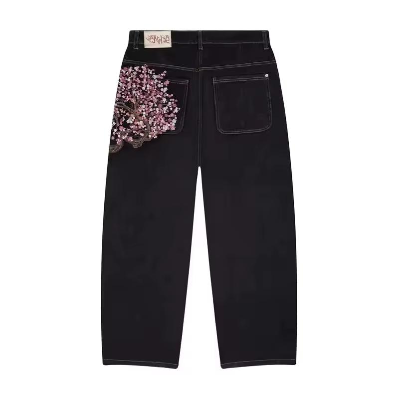 Herren Vintage Sakura Jeans Y2K Kleidung Harajuku Gothic Hip Hop Sakura Stickerei Baggy Jeans Schwarze Hose Weite Hosen