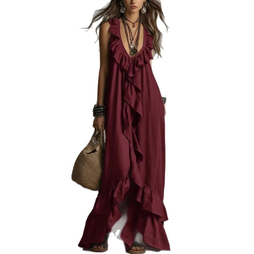 Boho Vintage V-Neck Short Sleeve Ruffle Casual Urban Dress for Women, European American Crossbody Summer Sundress