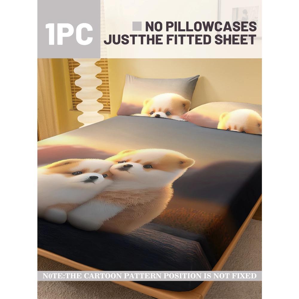1 Cartoon Cute Animal Dog Digital Printed Frosted Fitted Sheet,bedroom Printed Bed Cover,bedding(No Pillowcase)