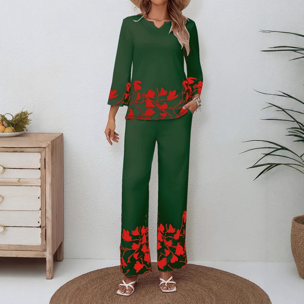 Women's Loose Fit Two-piece Outfit Set Three Quarter Sleeve Blouse High Waist Wide Leg Pants Floral Print Casual Lounge Matching Suit