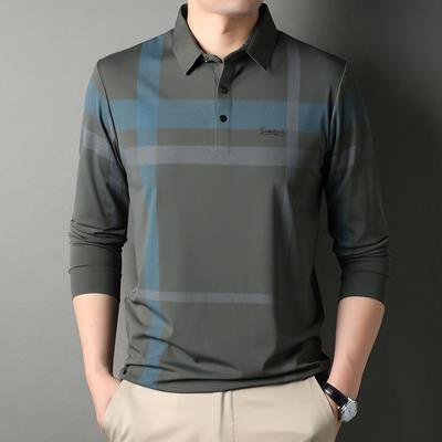 Frühling und Herbst Neue Langarm-Poloshirt Für Herren Business Casual Gestreiftes Lockeres Dünnes T-Shirt Dad Wear