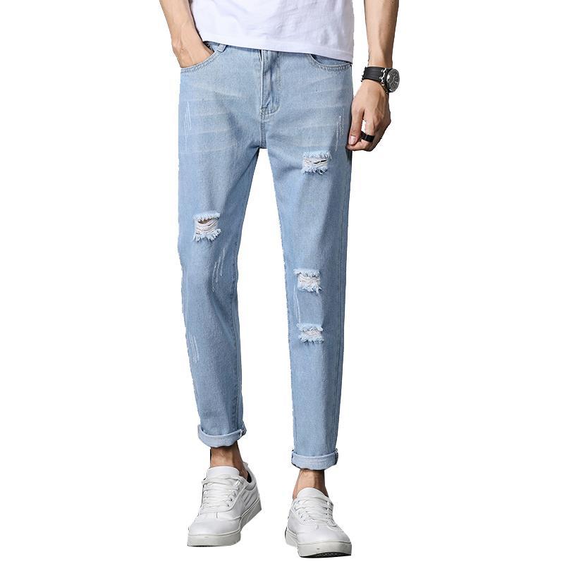 

Мужские джинсы Свободные прямые брюки девять четвертей Сломанные светло-голубые весенние брюки Тонкие модные повседневные джинсы 33 синий