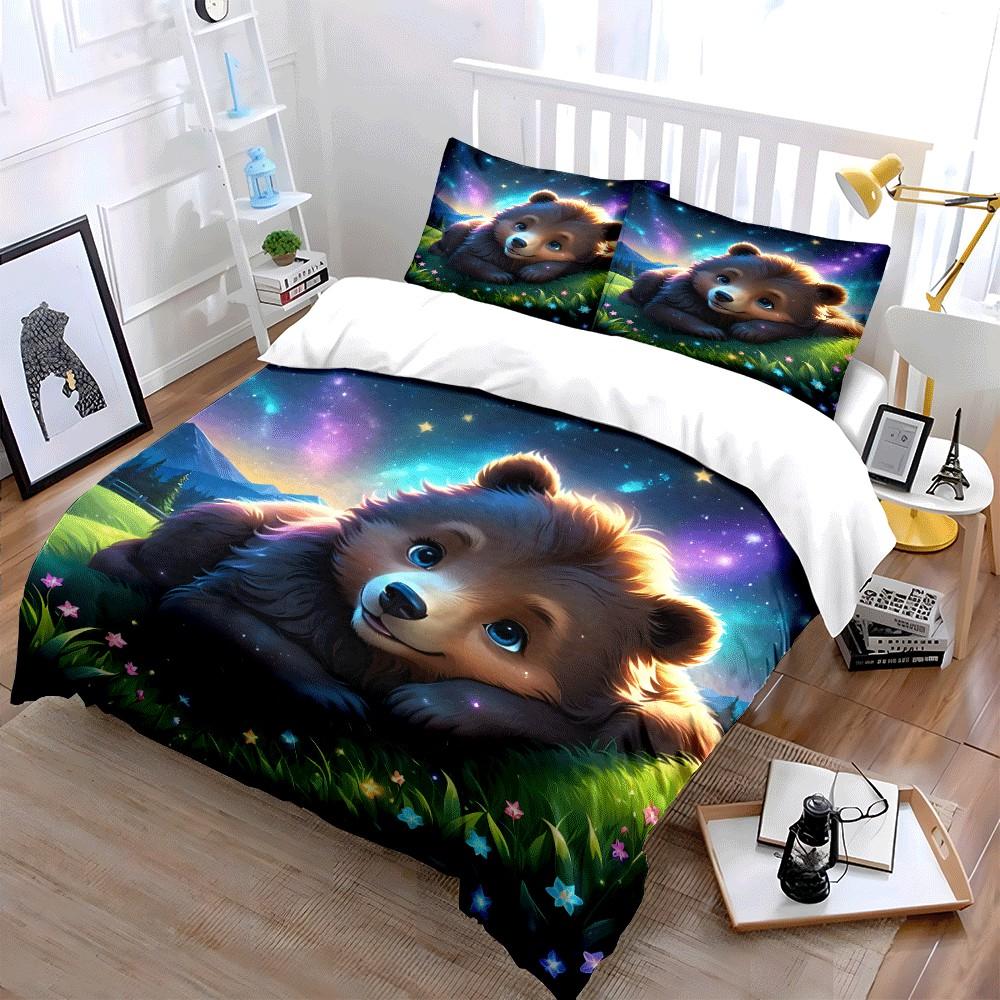 Cozy Bear-Themed Nighttime Set Exquisite Three-Piece Bedding Set Gift For Kids And Adults