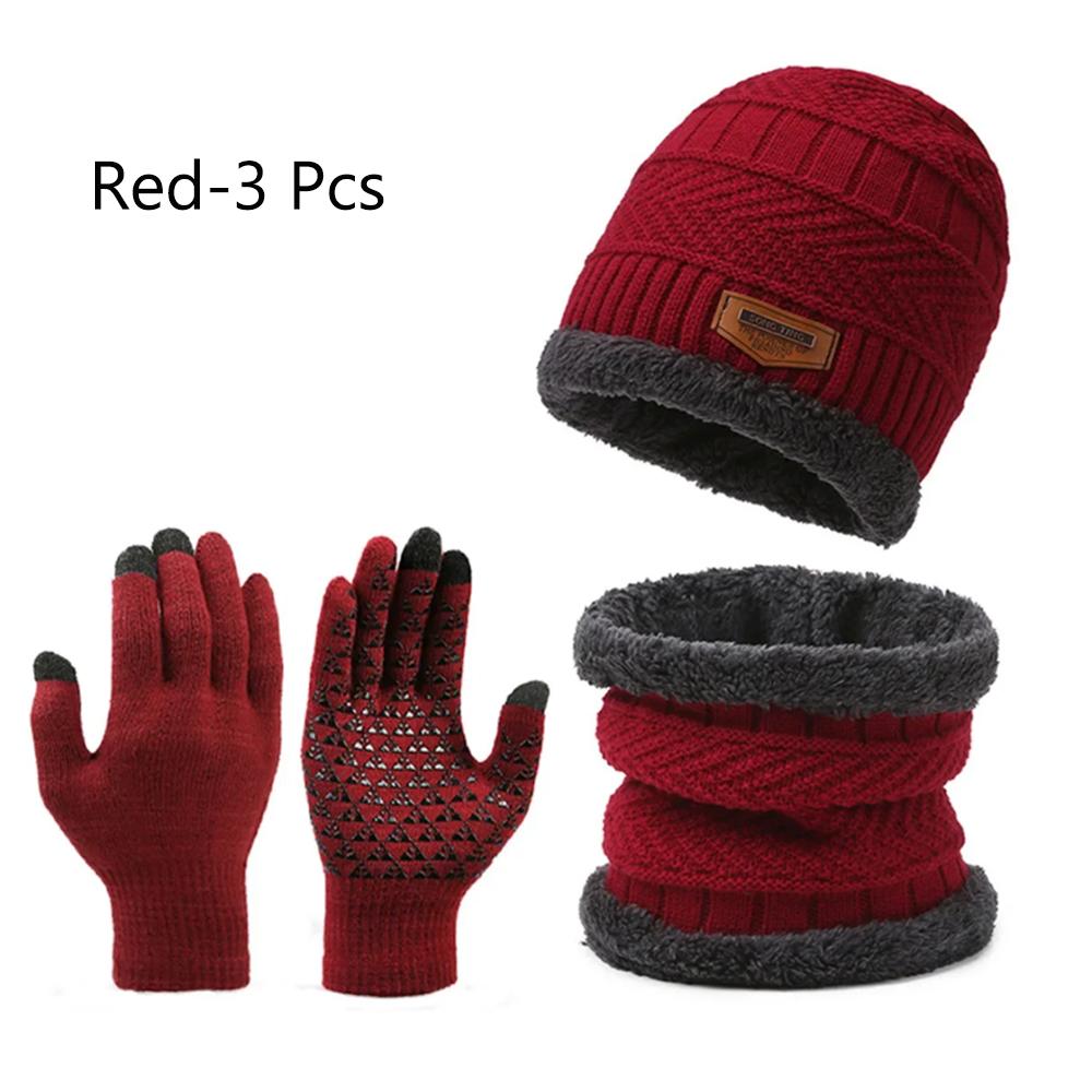 3Pcs Winter Fleece Thicken Windproof Hat Gloves Scarf Set Plush Warm Wool Knit Beanies for Men And Women