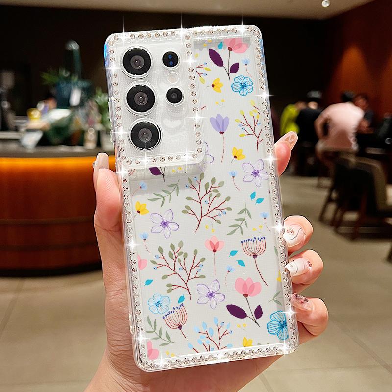 Floral Print Diamond Frame Phone Case For Samsung S25 Edge S24 FE S23 Ultra S22 A56 A36 A16 A15 A55 A35 Clear Shockproof Soft Silicone Cover