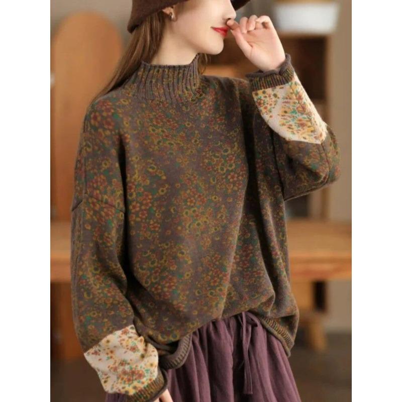 

Жіночі пуловери, светри з бавовняним вирізом, з довгим рукавом і клаптиковим принтом, весняні в’язані бавовняні жіночі светри One Size кавовий