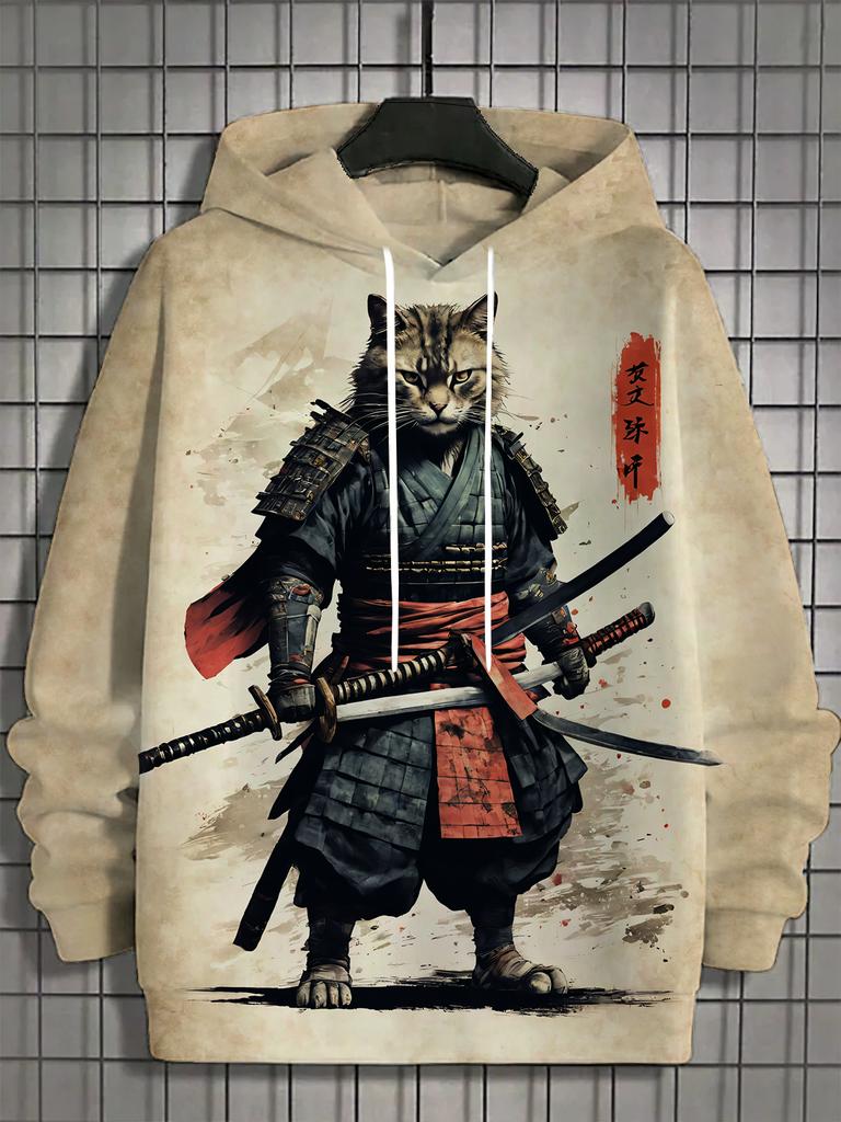 Japanese Samurai Cat Print Men's Hoodies Street Trend Hip Hop Y2k Clothes Fashion Pullover Autumn and Winter Casual Sweatshirts