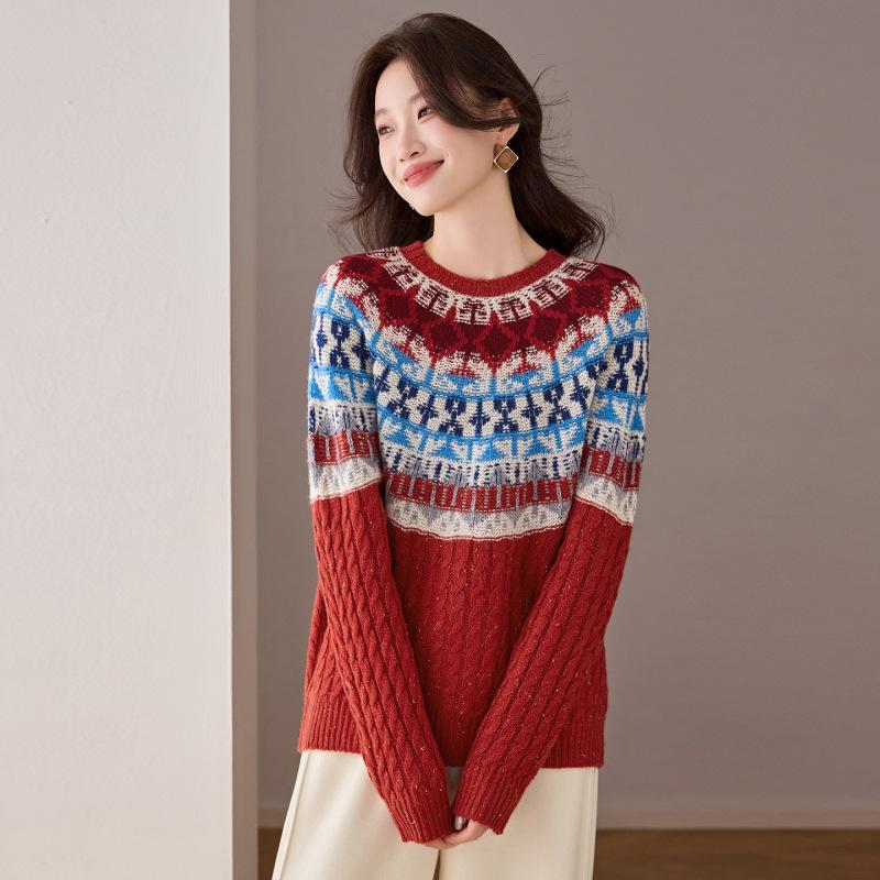 Women's Color-Blocking Wool Pullover Sweater - Stylish Loose Fit for Autumn and Winter