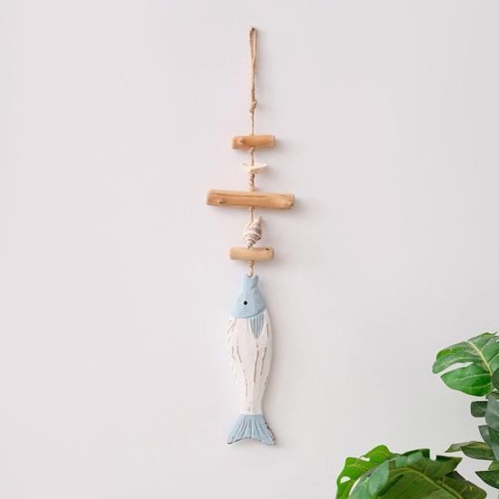 Small Fish Pendant with Hemp Rope Easy To Hang No Drilling Handmade Solid Wood Coastal Style Wall Ornament