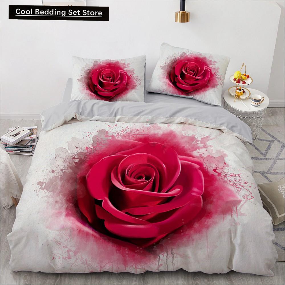 Goldene Rote Rose König Königin Bettbezug Romantisches Florales Bettwäscheset Valentinstag Blumen Steppdeckenbezug Polyester Bettdeckenbezug