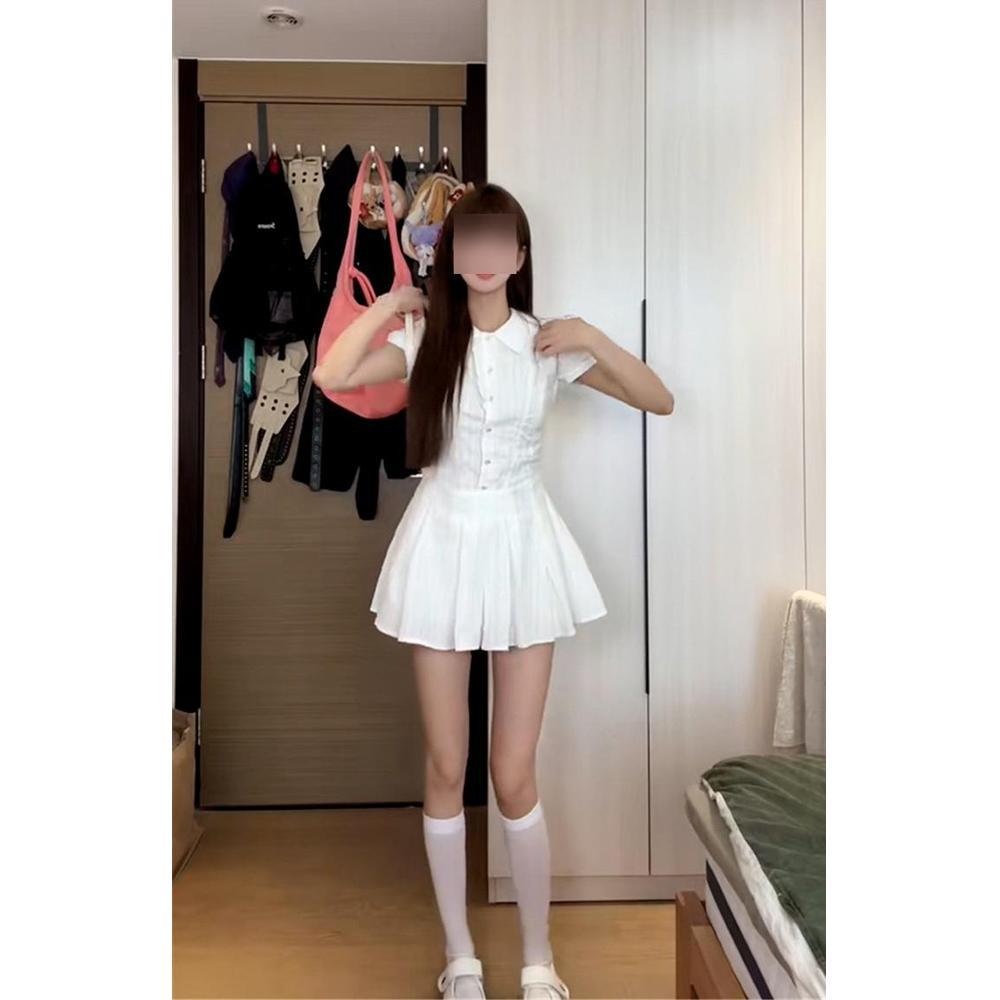 Girl tea gas a word short skirt casual summer waist thin casual pleated white shirt dress