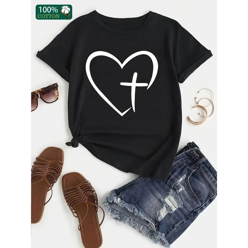 European Size Womens Cross and Love Print T Shirt Heavyweight Pure Cotton Casual Comfortable Versatile Home Leisure Fashion Commuting Sports Top