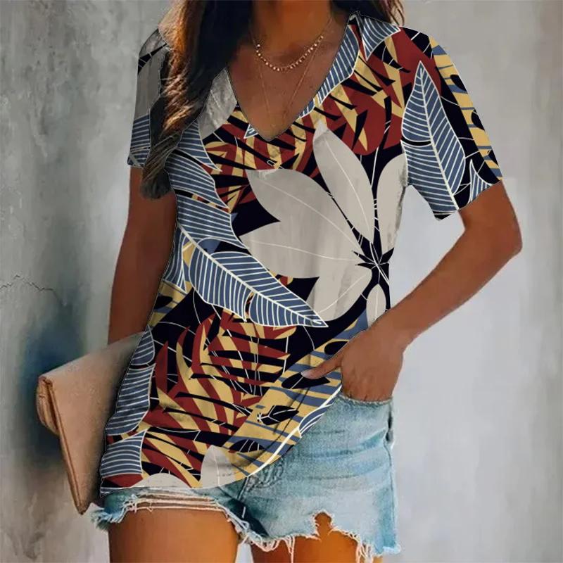 Summer Women Fashion T-shirt Tropical Plants Graphic V-Neck Tops Tees Female Vintage Short Sleeve Clothing Ladies Casual Outfit