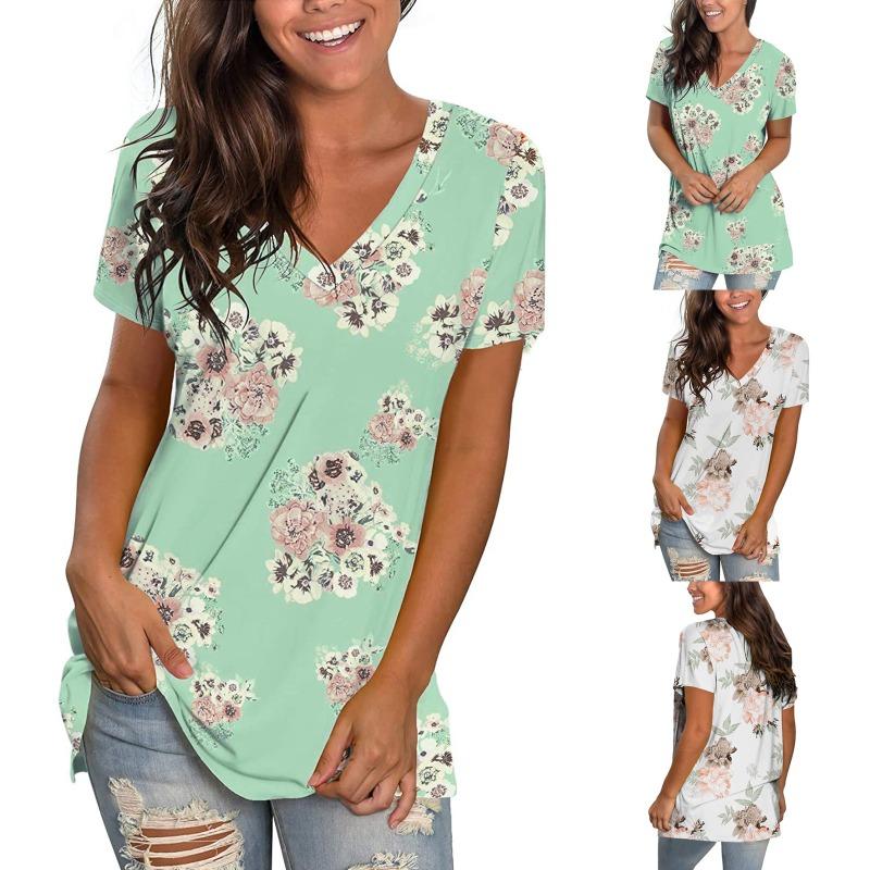 Women s V Neck T Shirts Fashion Casual Rolled Floral Printed Short Sleeve Side Split Summer Tops Loose Fit S
