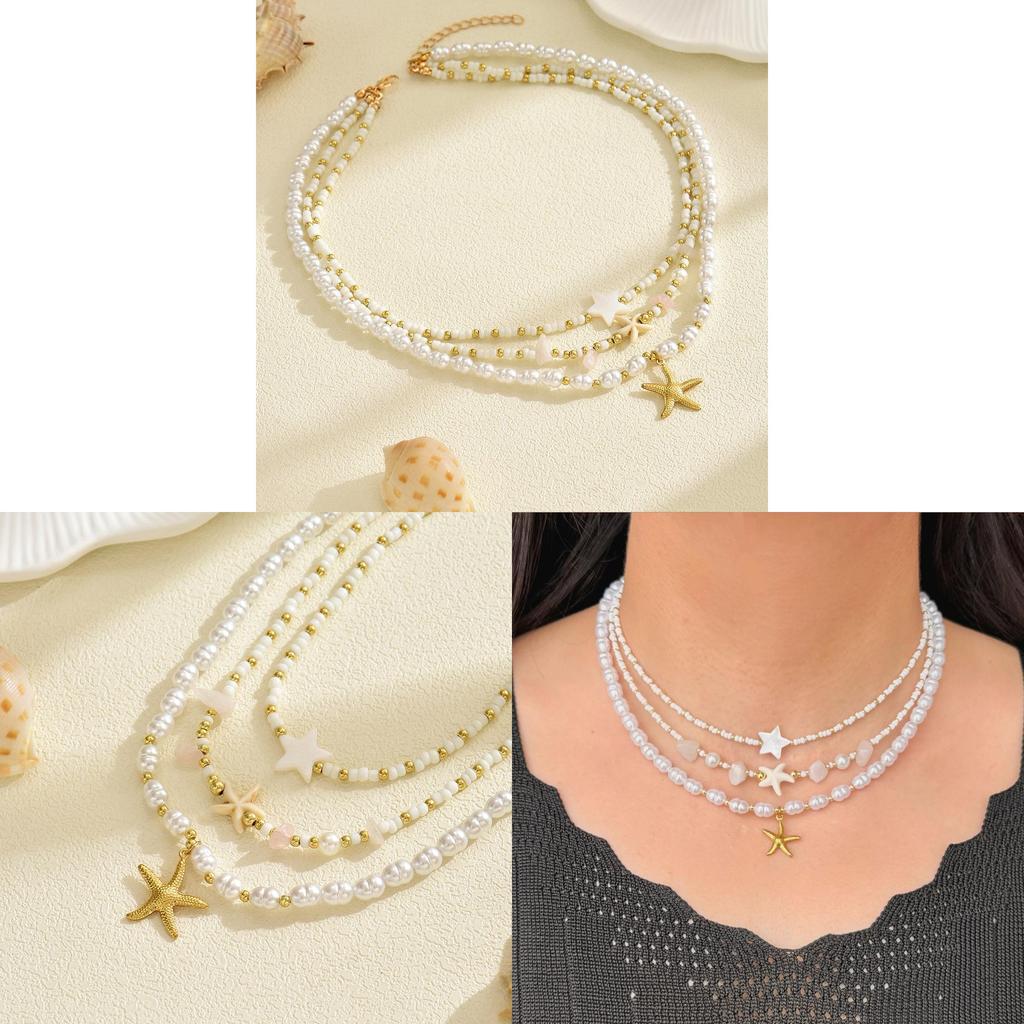 Star Pearl Pendant Necklace With Multi Layer Chain For Women And Men