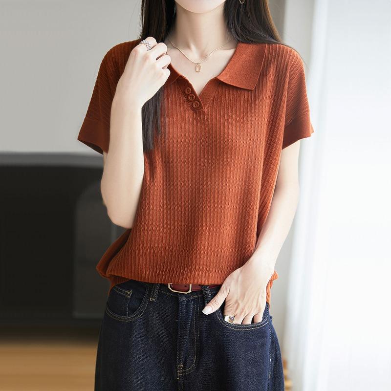 Women Summer New Polo Collar Button V Neck Short Sleeve Ribbed Knit Casual Top