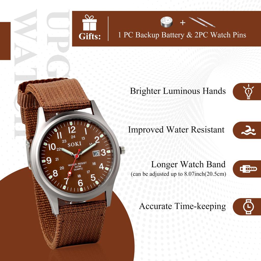Arabic Imitation Military Luminous Large Nylon Brown Men's Wristwatch, Waterproof, Luminous Numerals, Watch, Outdoor, 24-Hour Pointer, Quartz, Dial,