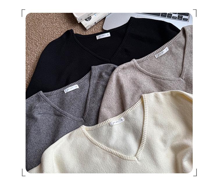 Light High-Waisted V-Neck Knit Sweater with Tie-Up for Women - Autumn/Winter Loose Slimming Trendy Top