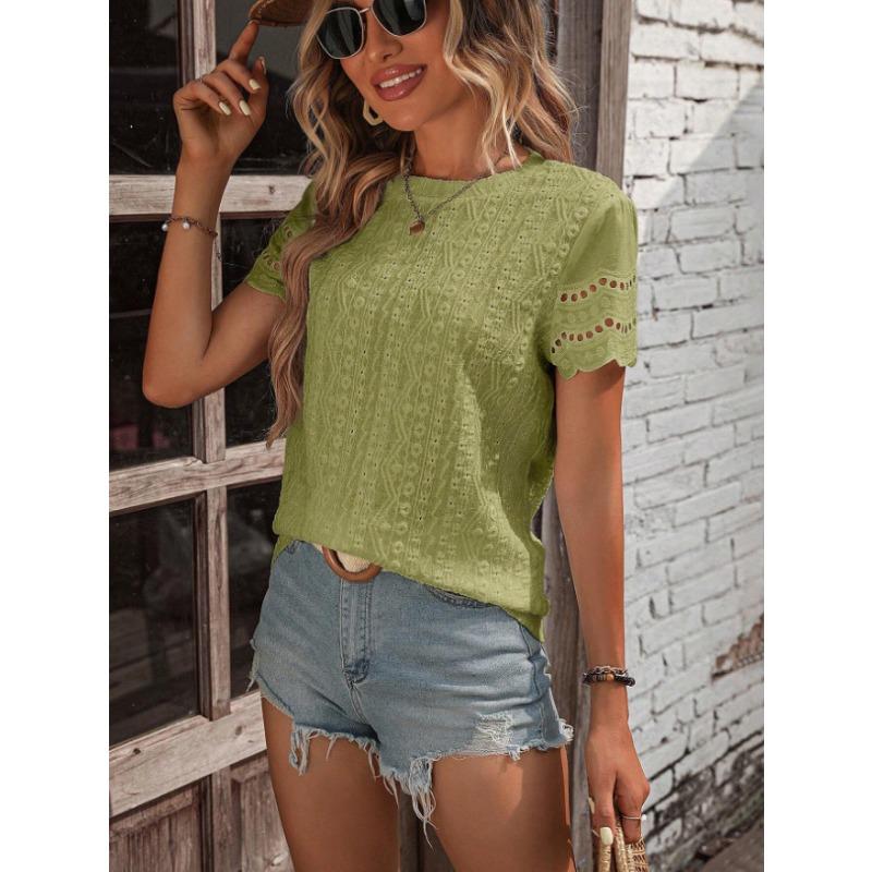 DAFIFY Women's Fashion Casual Summer Spring Solid Color Print Short Sleeve O-Neck Blouses & Shirts