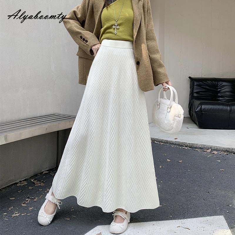 New Arrival Autumn Winter Women Maxi Long Skirt High Waist Beige Black Thicken Warm Knitting Skirt Knitted Elegant Feminine Skirts Womens