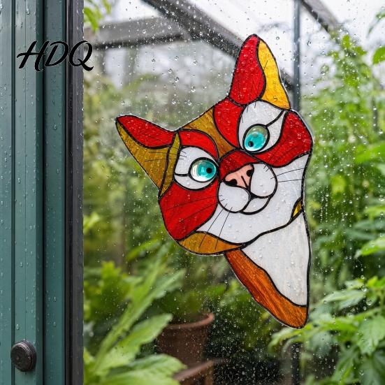 Sunlight Catching Cat Sticker Stained Glass Window Cling Vintage Colorful Kitty Decal Removable Static Cling for Door Wall Car UV-Resistant