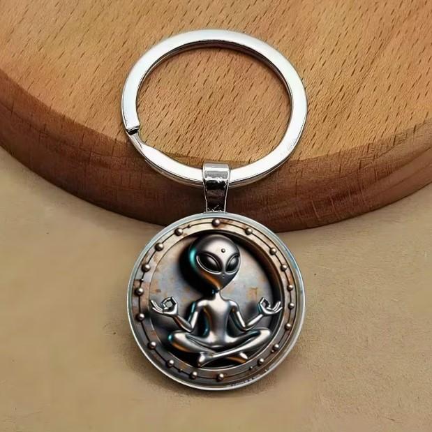 Metal Alloy Keychain Pendant with Alien Meditating Design Durable Round Key Ring Accessory for Keys Bags and Collectibles