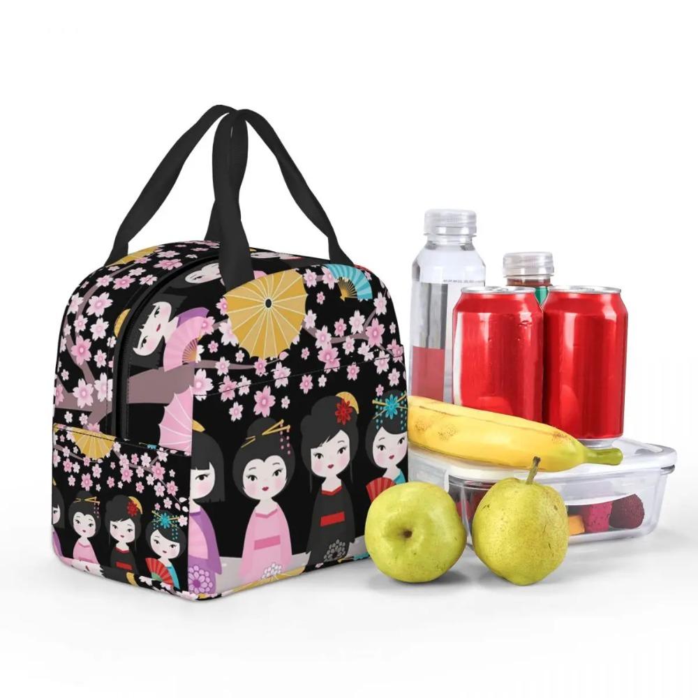 Japanese Sakura Kokeshi Doll Insulated Lunch Bag for Women Kids Leakproof Food Boxes Thermal Lunch Box Tote