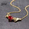 Vintage Style Alloy Necklace Hands Holding Heart Necklace Red Cubic Zirconia Meaningful Valentine Day Jewelry Gold-Tone Romantic Dainty for