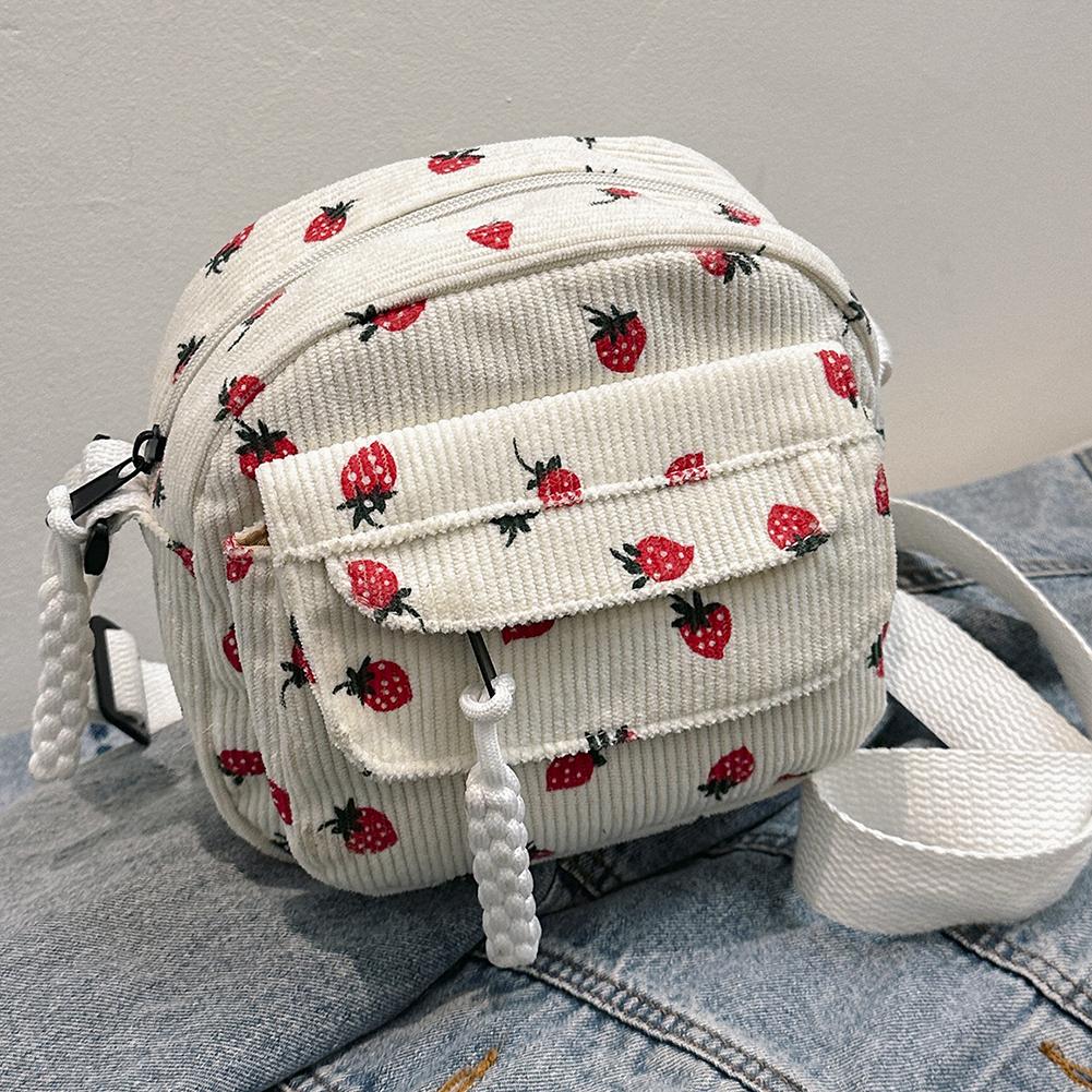 Cute Strawberry Trendy Crossbody Bag Corduroy Messenger Bag Casual Zipper Underarm Bag for Women Travel Work Shoulder Bag