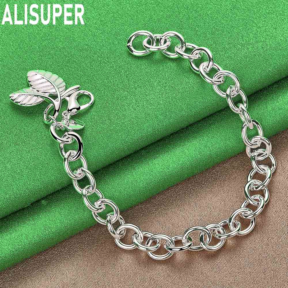 925 Sterling Silver Charming Side Chain Double Leaf Bracelet Gift Jewelry