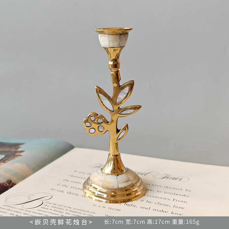 

Vintage Nordic Style Handmade Candle Holder Inlaid with Shell, Bone Brass Desktop Art Decoration for Home Romantic Candle Stand