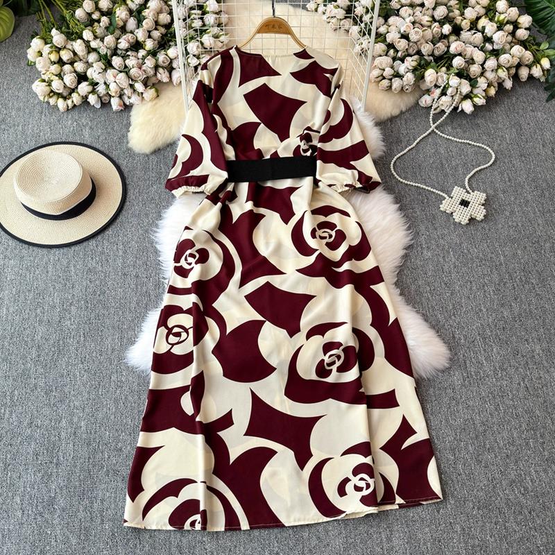 Stil franțuzesc, vară lungă, îmbrăcăminte nouă pentru femei, textura de înaltă calitate, rochie rafinată cu decolteu în V