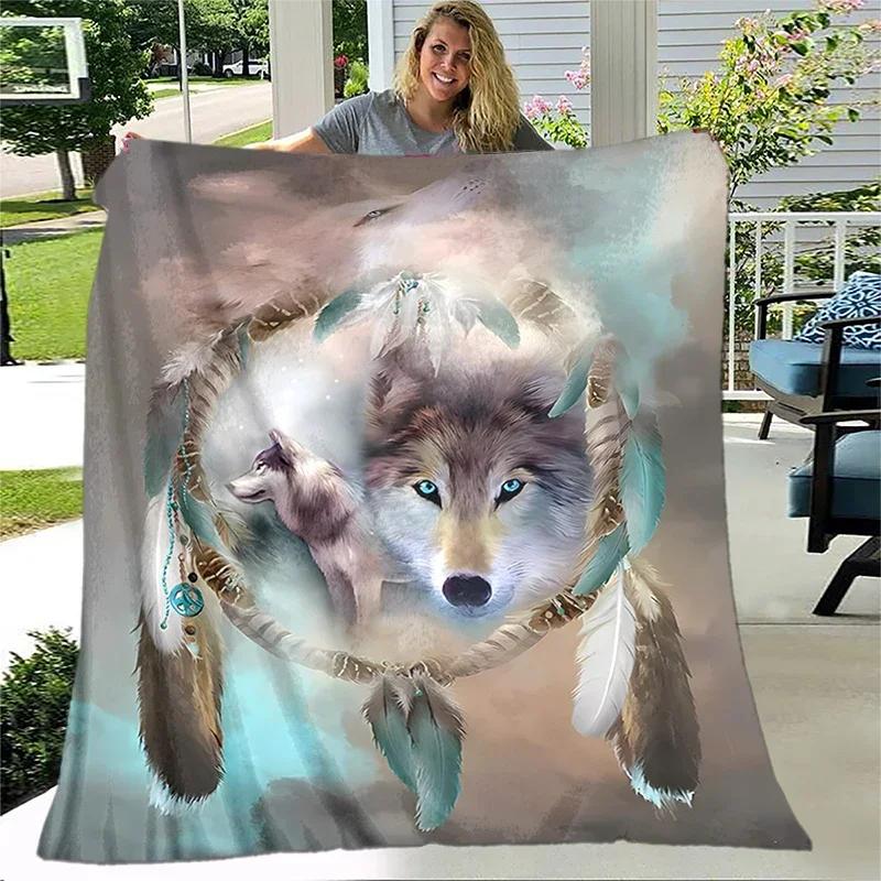 Arte Fantasia Lupo Morbido Peluche Divano Letto Lancio Cartone Animato Picnic Coperte Moderna Coperta di Flanella Stampata Copriletto Regalo