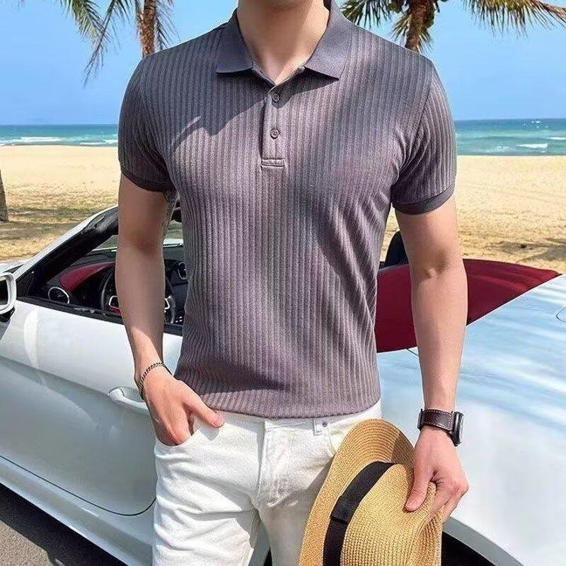 Men Slim Fit Short Sleeve Polo Shirt Korean Style Summer Casual Top