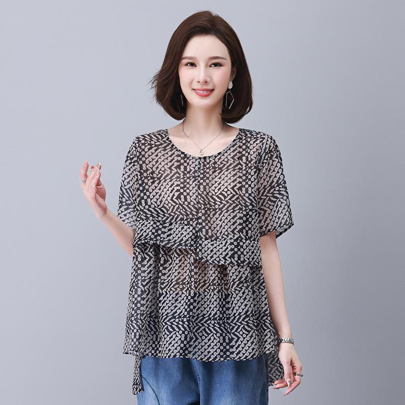 

2025 Floral Chiffon Round Neck Plus Size T-shirt for Women - Short Sleeve, Belly Coverage Extra Large чёрный
