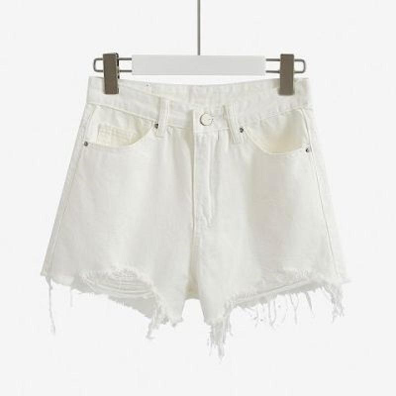 Summer Broken Holes High Waist Denim Shorts Women's A-line Trousers Raw Edge Frayed Wide Leg Shorts