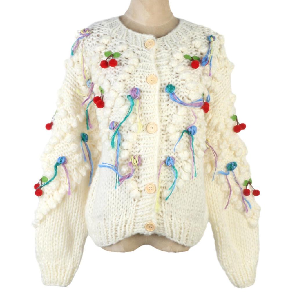 Koreanische Handgestrickte Blumenstrickjacke - Herbst/Winter Damen Langarm Rundhals Pullover Mantel