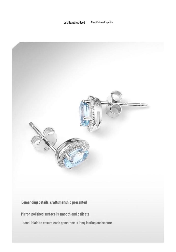 Natural Aquamarine Stud Earrings - S925 Sterling Silver, Blue Crystal, Versatile Ins Style, High-End Women’s Summer Accessories.