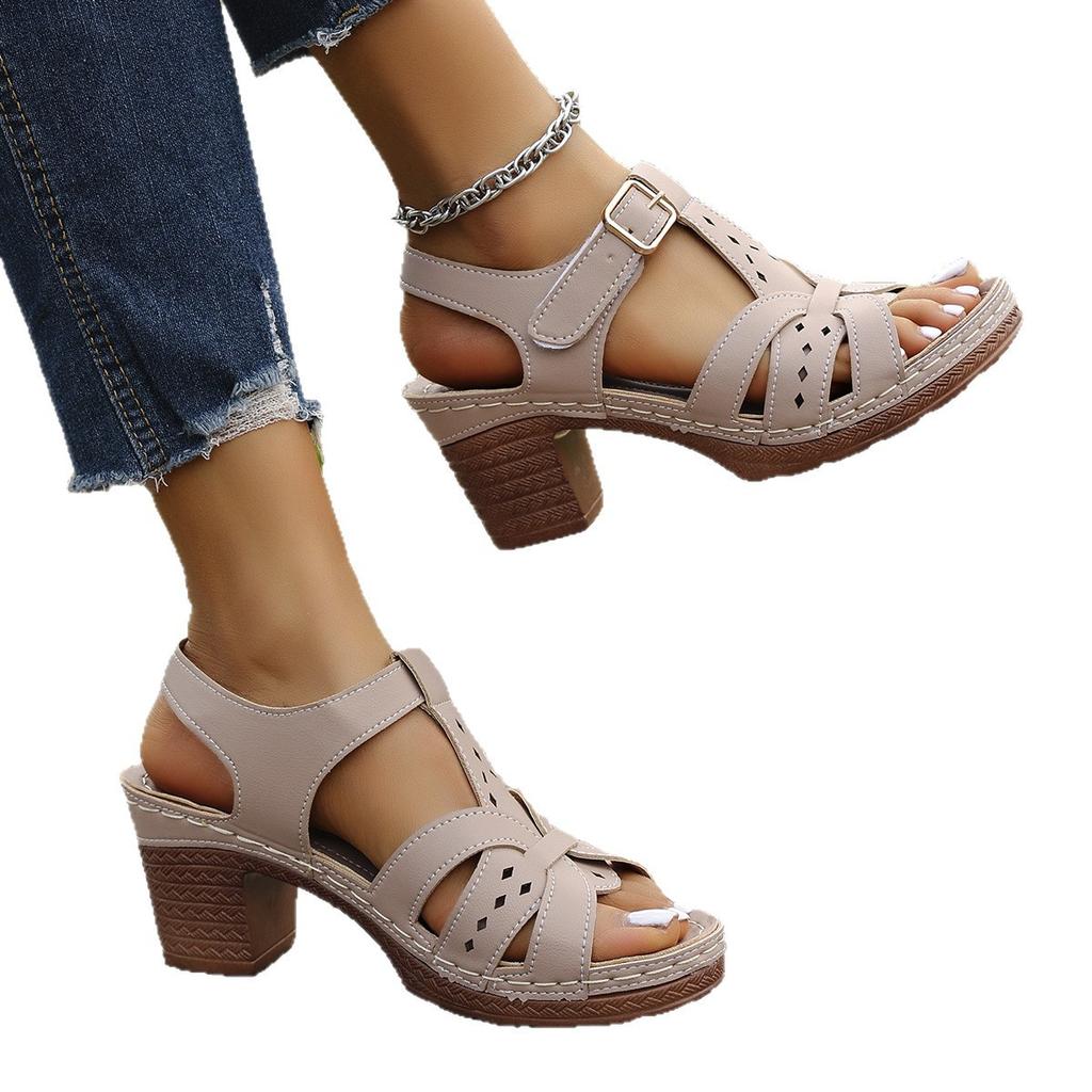 European and American sandals, new large size fish mouth thick heel one-word buckle high-heeled sandals in summer
