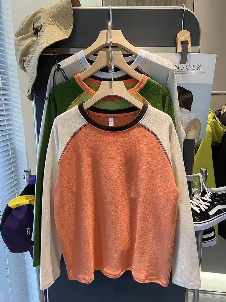 2025 Autumn/Winter Women's Dopamine Color Block Warm Plush Raglan Long Sleeve Base Layer T-shirt.
