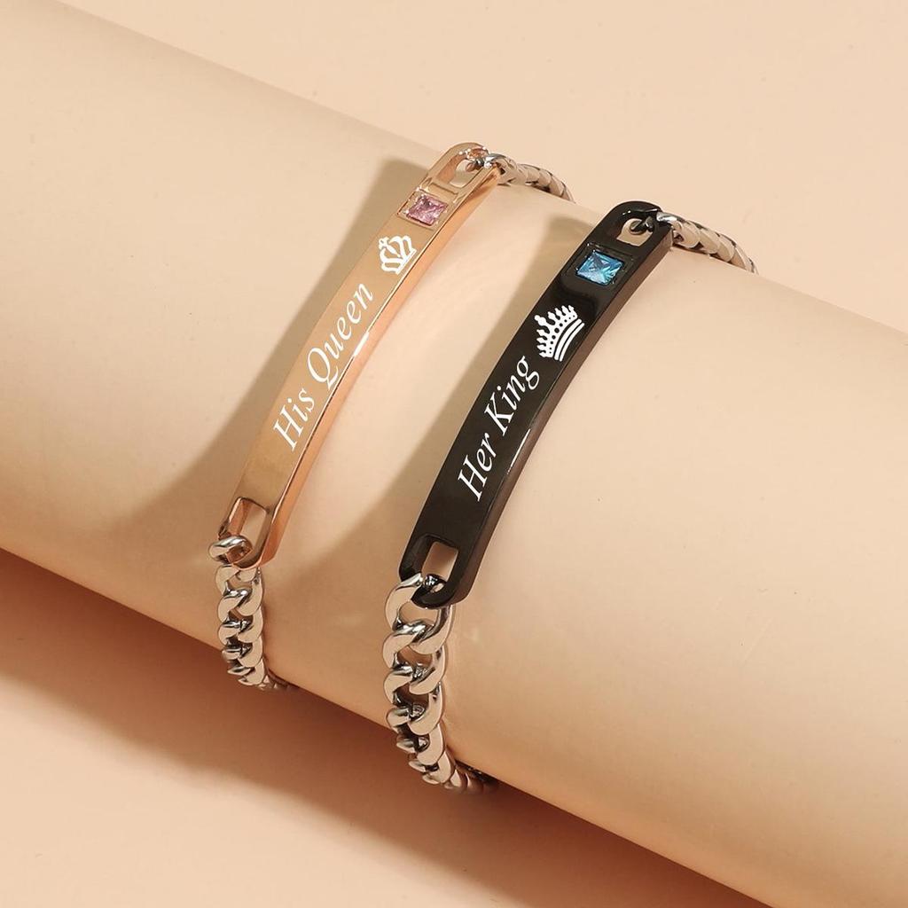 Crown Heart Zirconia Engravable Titanium Steel Couple Bracelet - Valentine's Day Gift