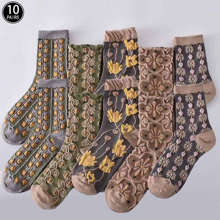 5/10 pairs (randomly shipped) women's floral texture socks, retro palace style versatile mid tube socks