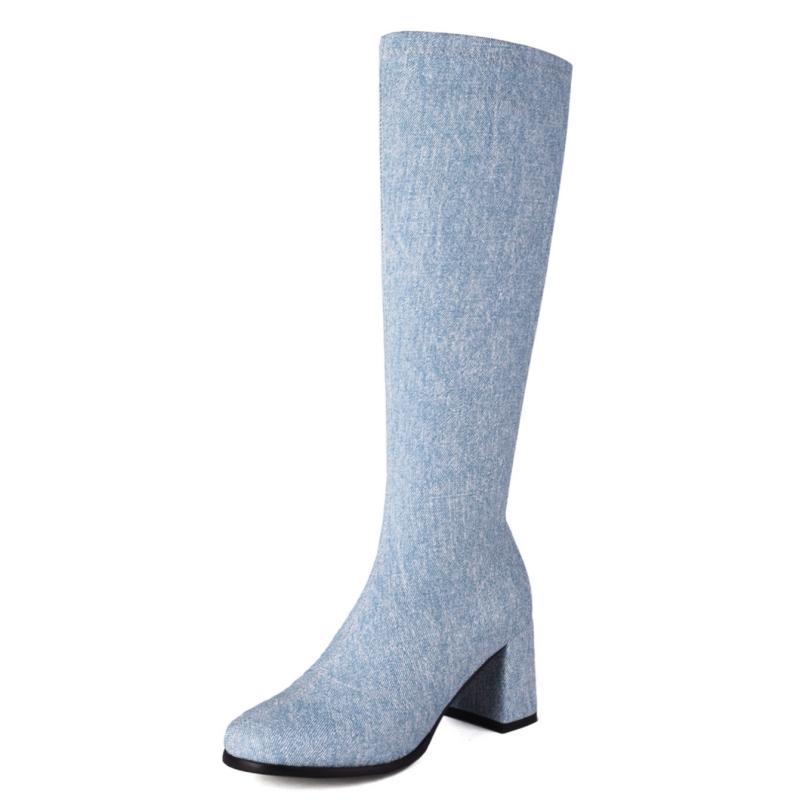 

Модные синие джинсовые сапоги до колена, женская обувь, новые осенне-зимние женские высокие сапоги на молнии, джинсы, длинные туфли для вечеринок, женские, большой размер 45 39 небесно-голубой