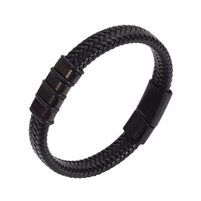 Anti-static Men's Stainless Steel Leather Magnetic Bracelet - European Retro Style