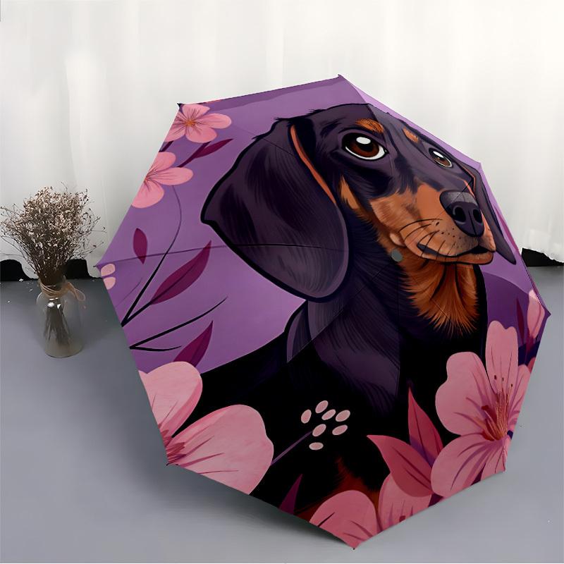 1pc Dachshund Flowers Auto Open/Close Umbrella - Compact Travel Umbrella, 8-Rib Heavy-Duty Construction, Ideal Gift, Outdoor Accessory, Styl
