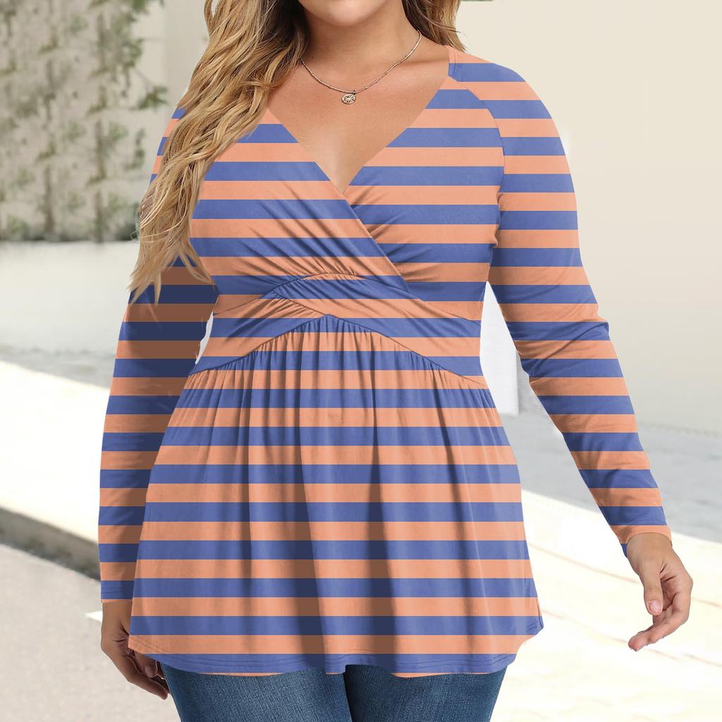 Women's Plus Size Shirt Long Sleeve  Print Top Pleated Casual V-Neck Top