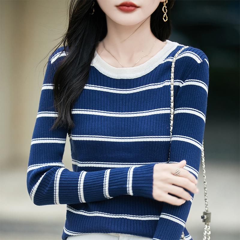 Dámské francouzské pruhované pleteniny s barevnými bloky: Svetr základní vrstvy s dlouhým rukávem a slim fit v korejském stylu