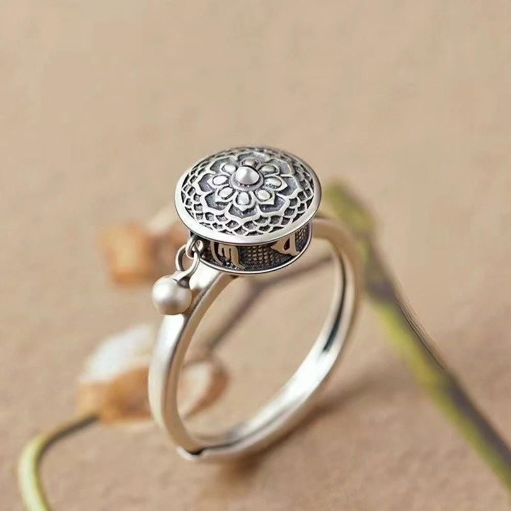 Tibetan Rotatable Spinner Ring Open Flower Fortune Wealth Ring Adjustable Ethnic Style Vintage Ring Women